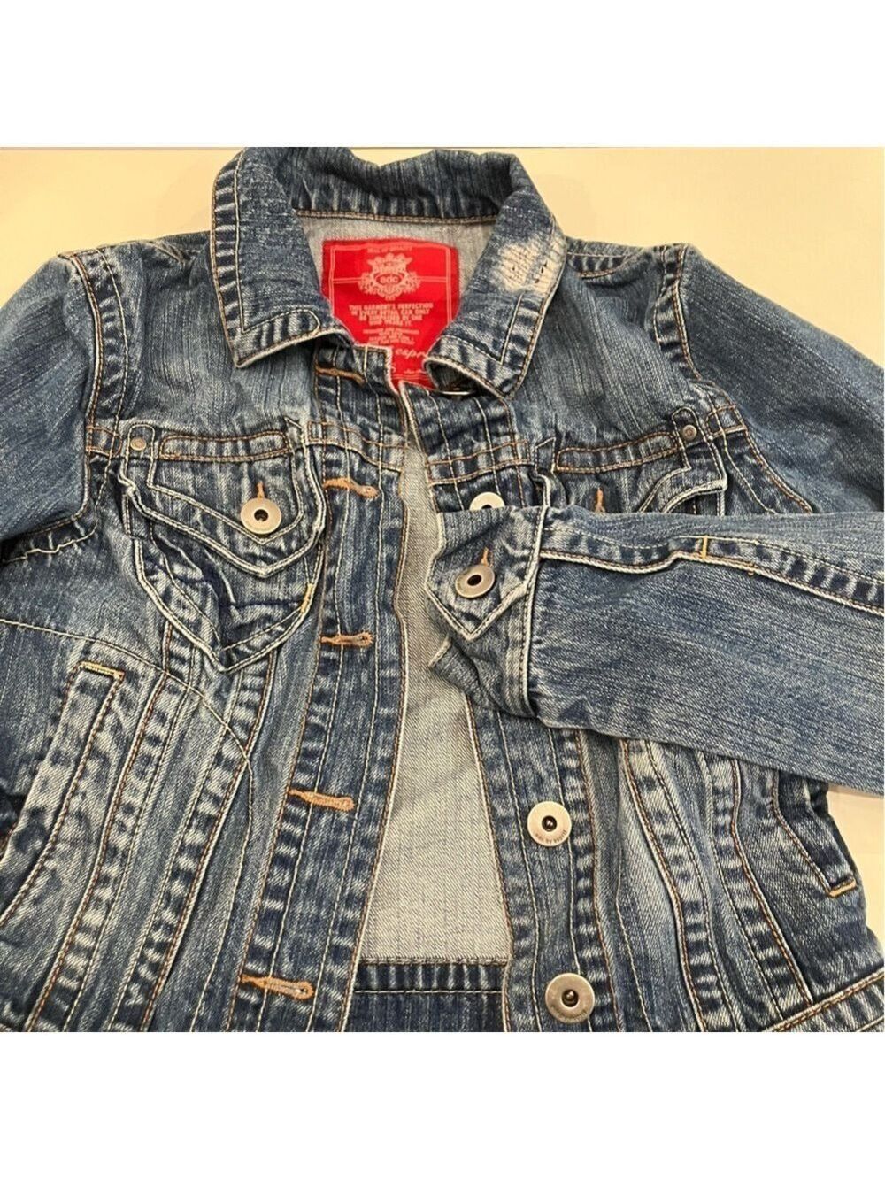 EDC by esprit distressed blue denim jean jacket. Button up. EUC.